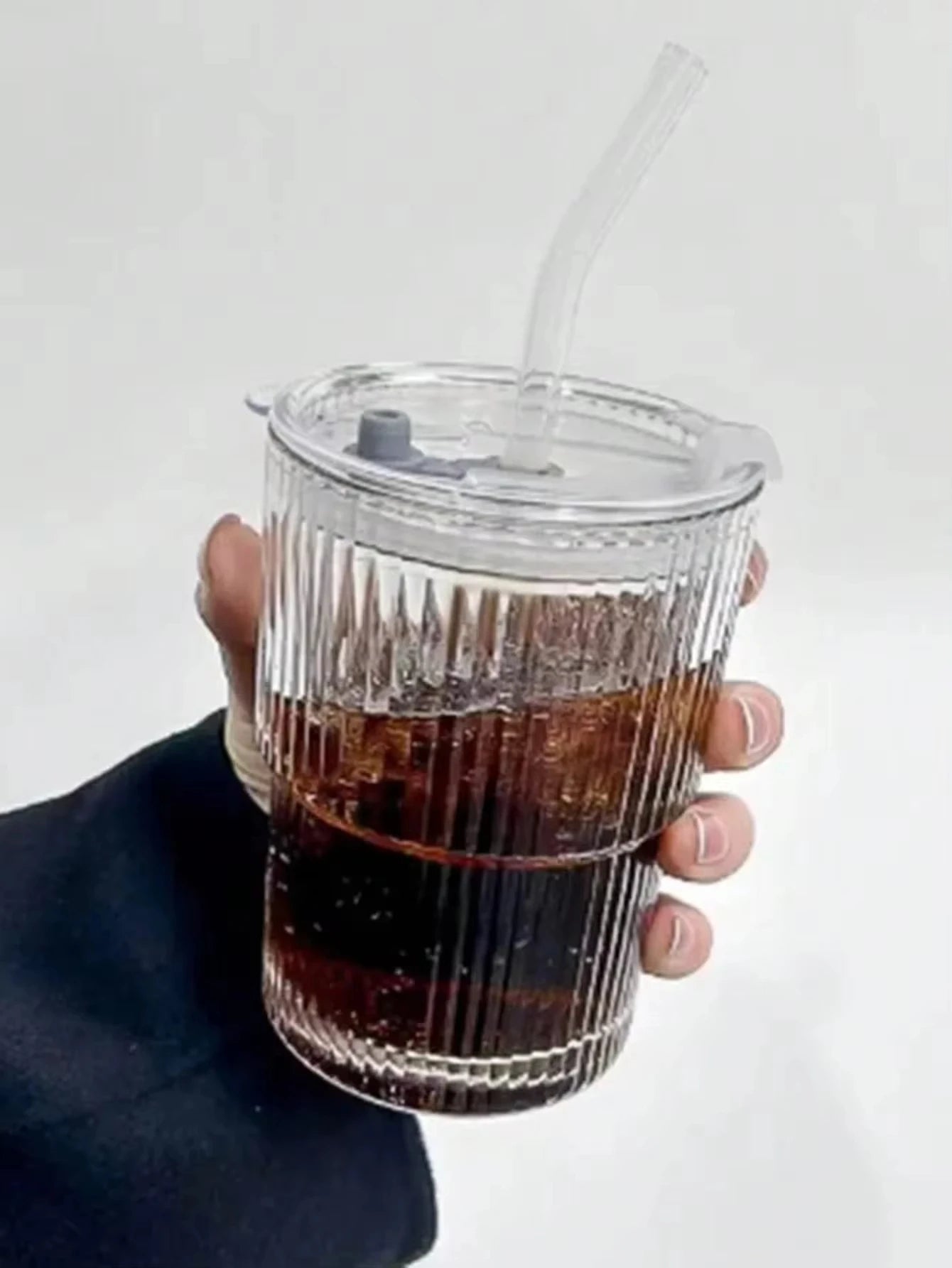 Ribbed Glass Cup with Lid & Straw – Iced Coffee · Tea · Juice · Milk