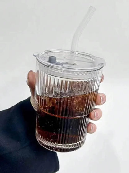 Ribbed Glass Cup with Lid & Straw – Iced Coffee · Tea · Juice · Milk