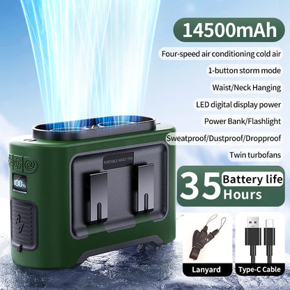 Socoolfan 14500mAh Wearable Fan – Dual Air Vents for Neck & Waist, Ideal for Outdoor Work & Travel
