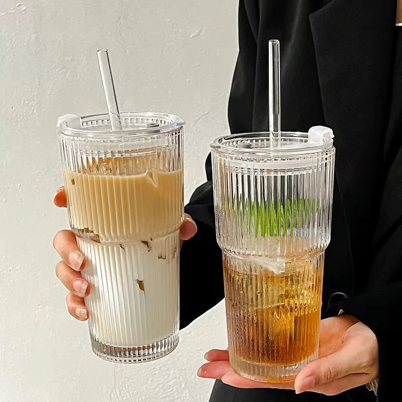 Ribbed Glass Cup with Lid & Straw – Iced Coffee · Tea · Juice · Milk