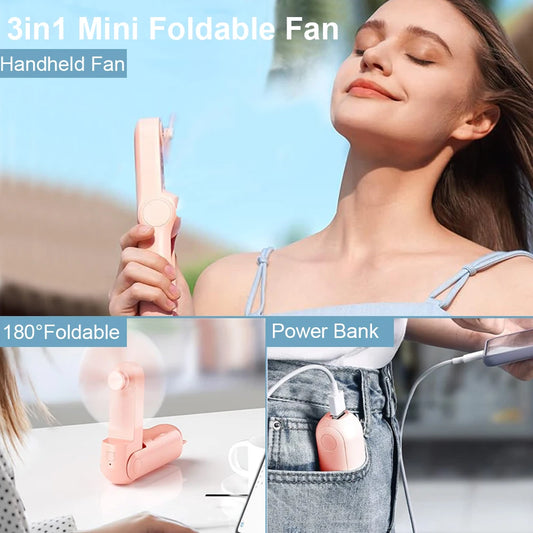 3-in-1 Portable USB Rechargeable Fan – 2000mAh, 3-Speed, Foldable Handheld & Desk Fan with Power Bank