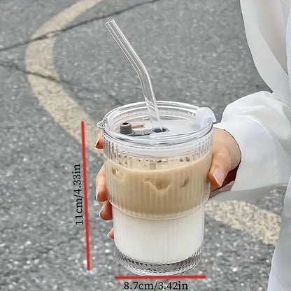 Ribbed Glass Cup with Lid & Straw – Iced Coffee · Tea · Juice · Milk
