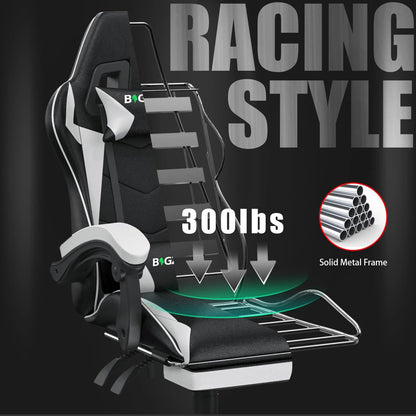 BIGZZIA™ Ergonomic Gaming Chair with Footrest – High-Back Recliner with Lumbar & Headrest Support
