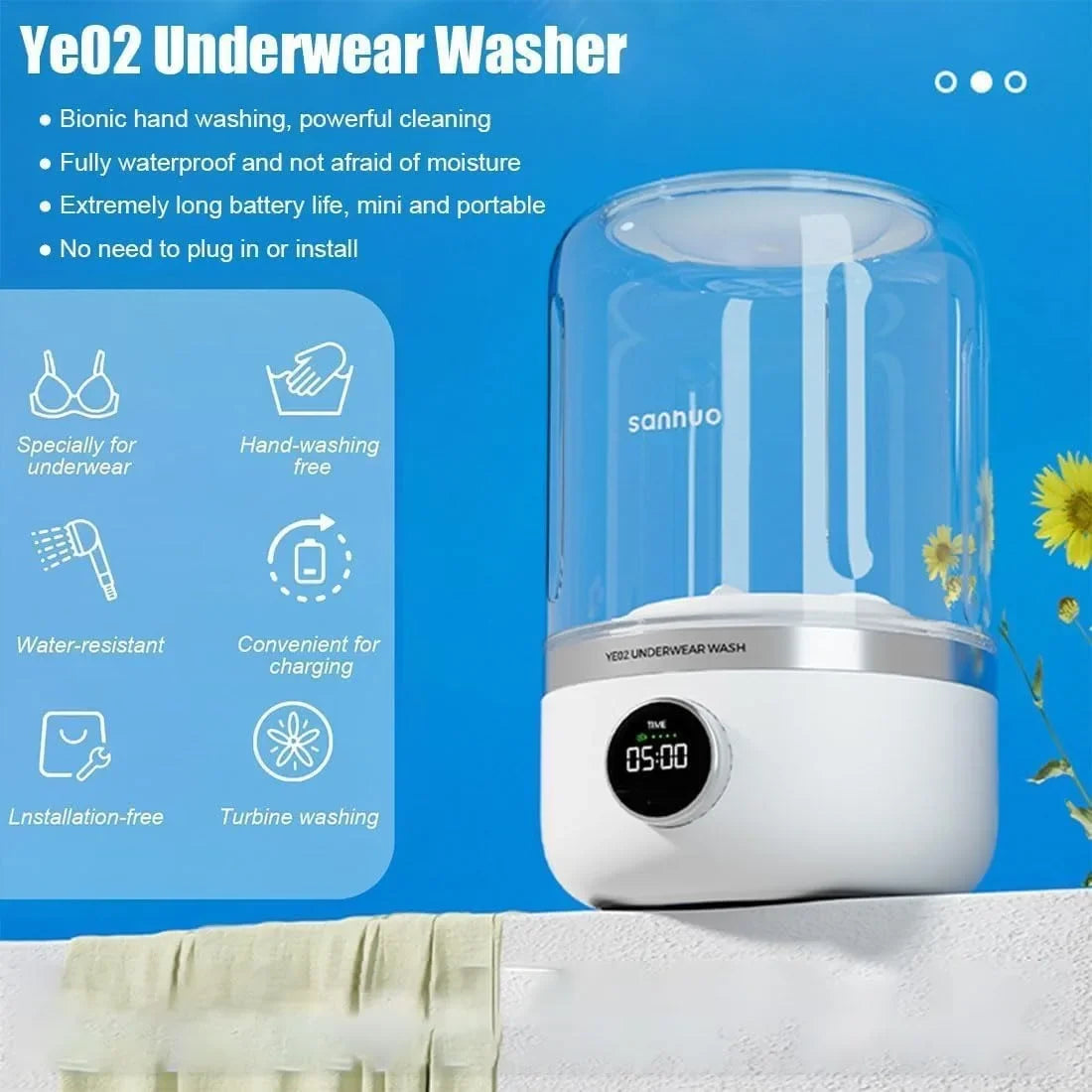 MiniWash™ Ye02 – Portable 1L Wireless Washing Machine for Delicates