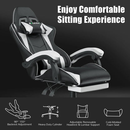 BIGZZIA™ Ergonomic Gaming Chair with Footrest – High-Back Recliner with Lumbar & Headrest Support