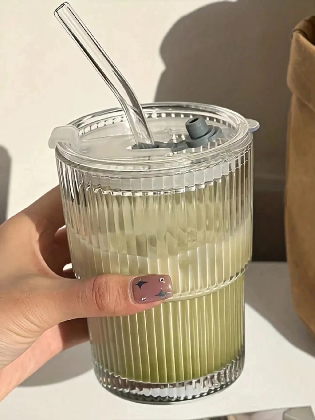 Ribbed Glass Cup with Lid & Straw – Iced Coffee · Tea · Juice · Milk