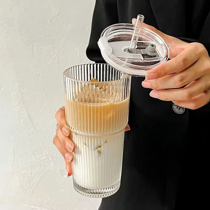 Ribbed Glass Cup with Lid & Straw – Iced Coffee · Tea · Juice · Milk