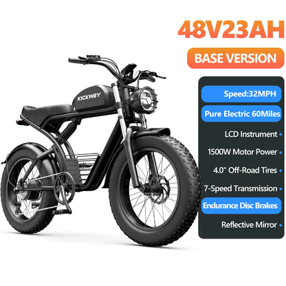 Kickwey K7 1500W Electric Bike – 48V 23Ah Fat-Tire All-Terrain E-Bike (US)