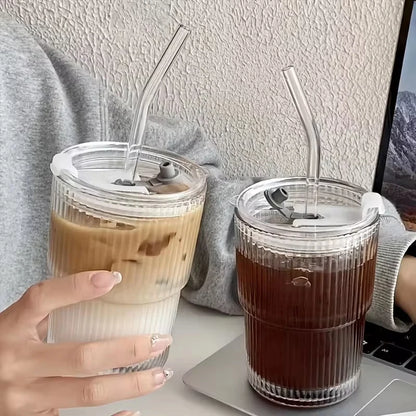 Ribbed Glass Cup with Lid & Straw – Iced Coffee · Tea · Juice · Milk