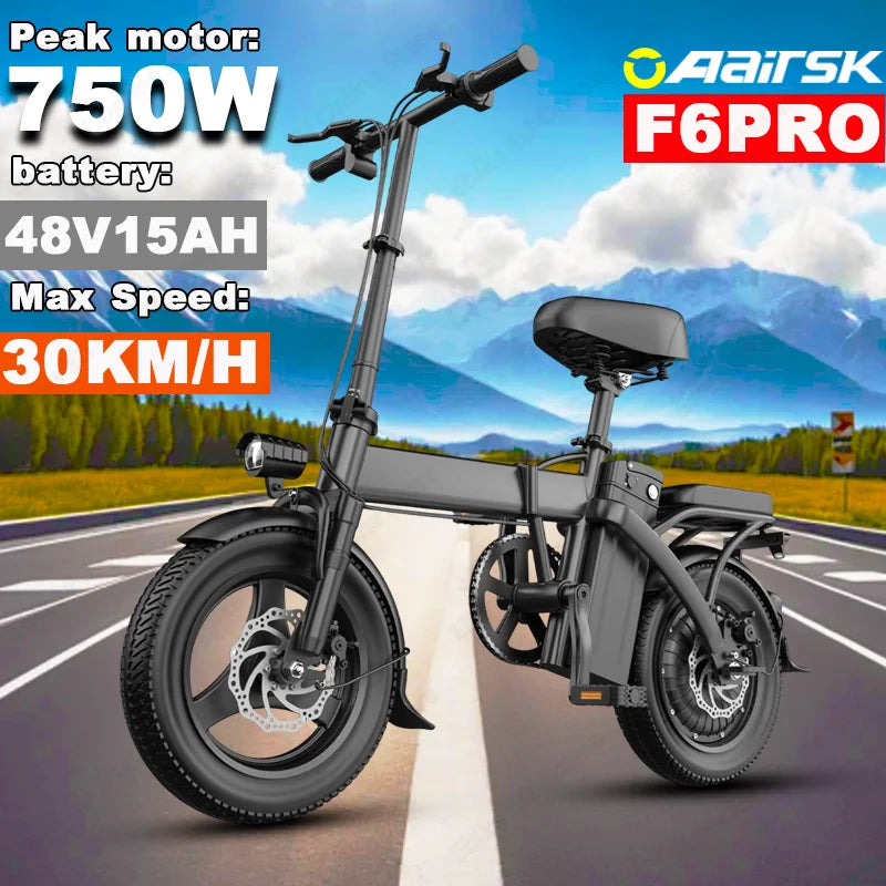 Electric Bike 750W Peak Motor 48V15AH Removable Lithium Battery Aldult Foldable E Bike LCD Display 14-inch Tire Electric Bicycle