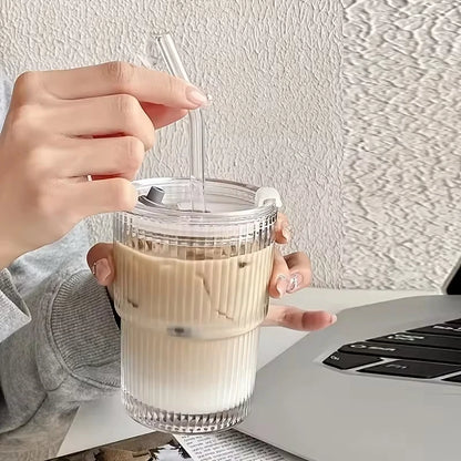 Ribbed Glass Cup with Lid & Straw – Iced Coffee · Tea · Juice · Milk
