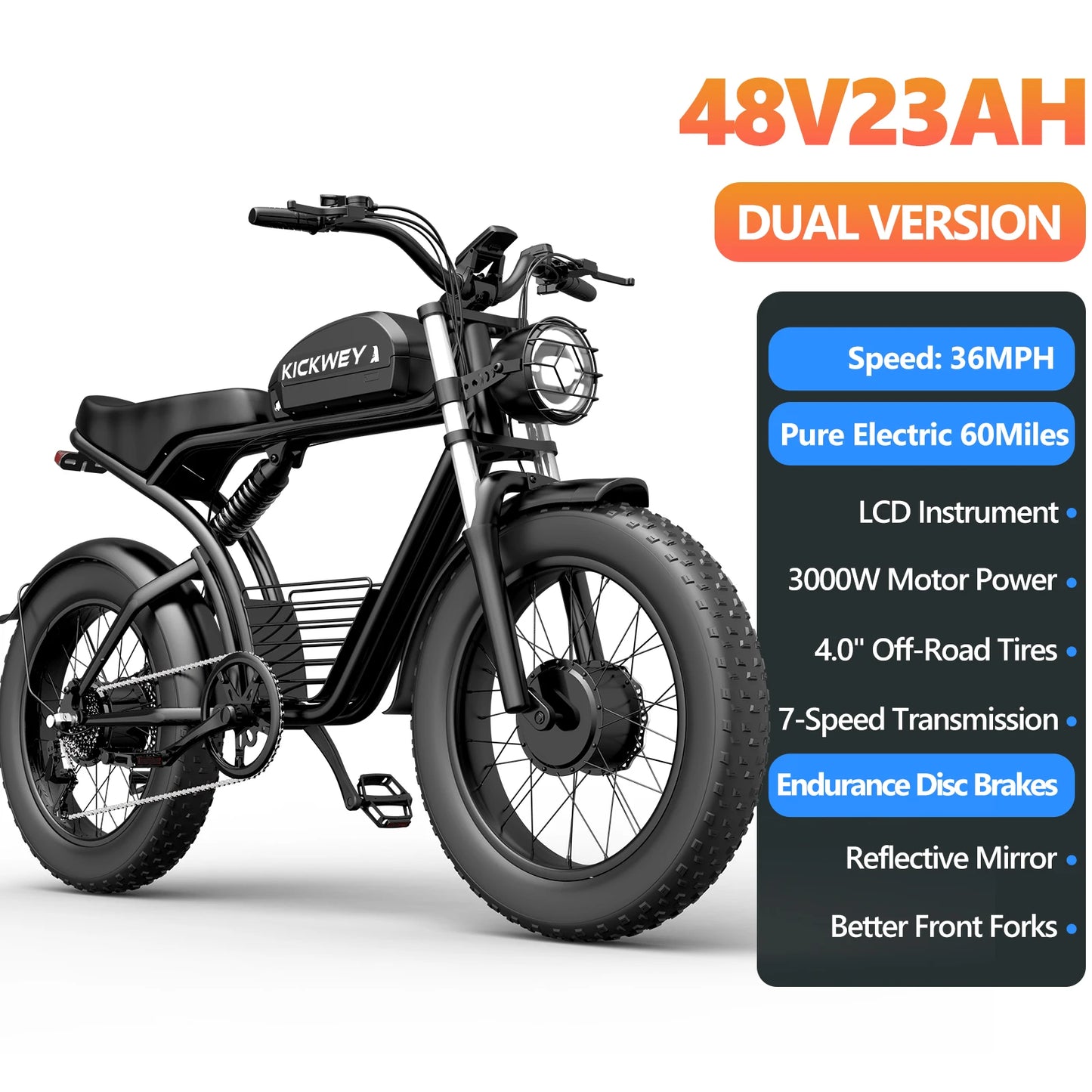 Kickwey K7 1500W Electric Bike – 48V 23Ah Fat-Tire All-Terrain E-Bike (US)