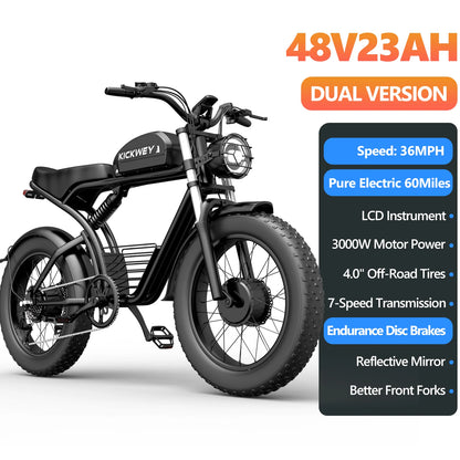 Kickwey K7 1500W Electric Bike – 48V 23Ah Fat-Tire All-Terrain E-Bike (US)