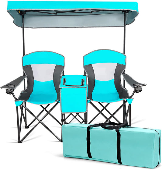 Safstar Double Camping Chair W/Shade Canopy, 2-Person Folding Camp and Beach Chair with Mini Table Beverage Cup Holder Carrying Bag for Garden Patio Pool Beach