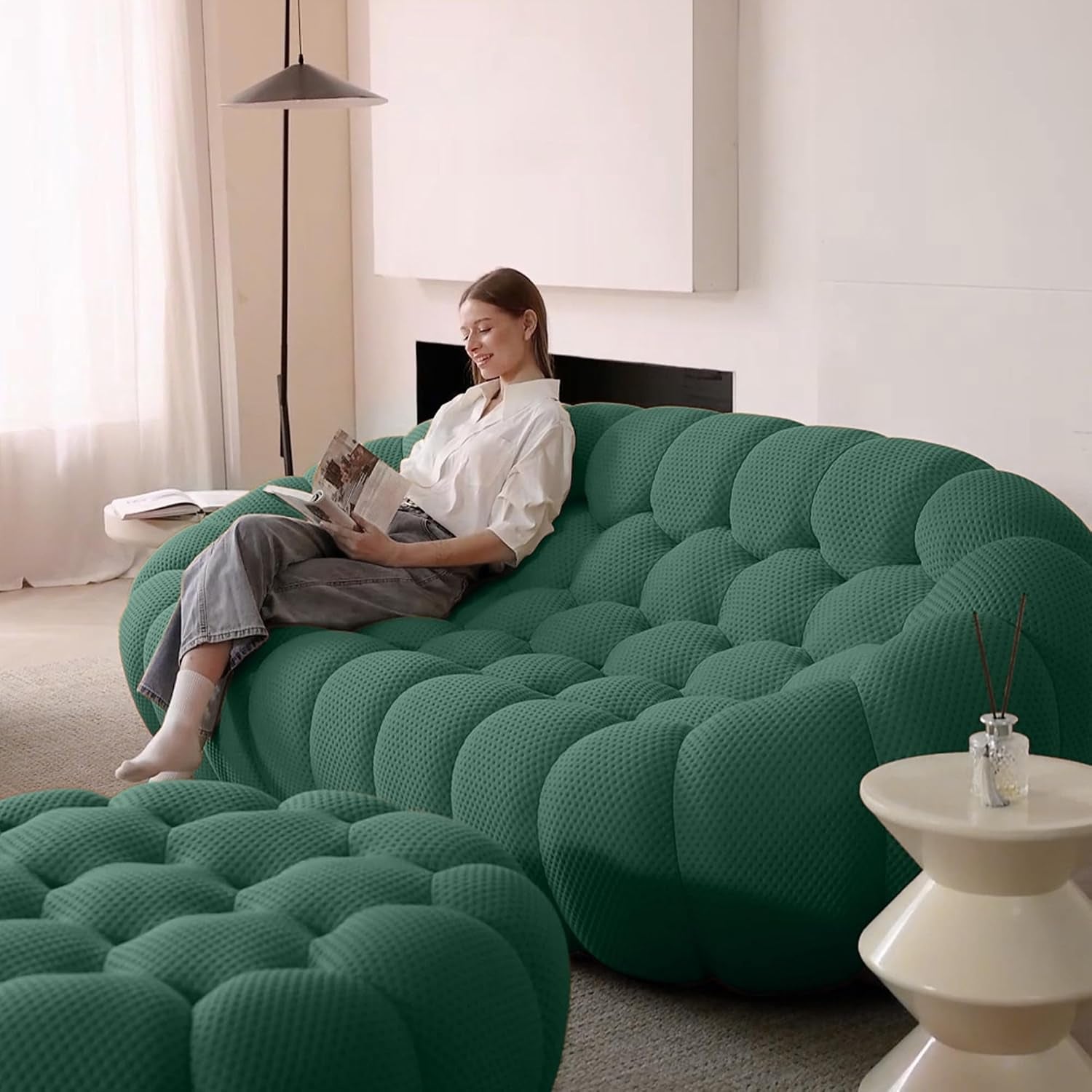 Bubble Couch, 98.43'' Modern 3-Seater Lazy Floor Couch, Memory Foam Bubble round Sofa 3D Honeycomb Shape Curved Sofas for Living Room, Office, Apartment (Green)