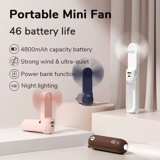 Portable Fan Mini Handheld Fan USB 4500Mah Recharge Hand Held Small 3 In1 Pocket Fan with Power Bank Flashlight Feature