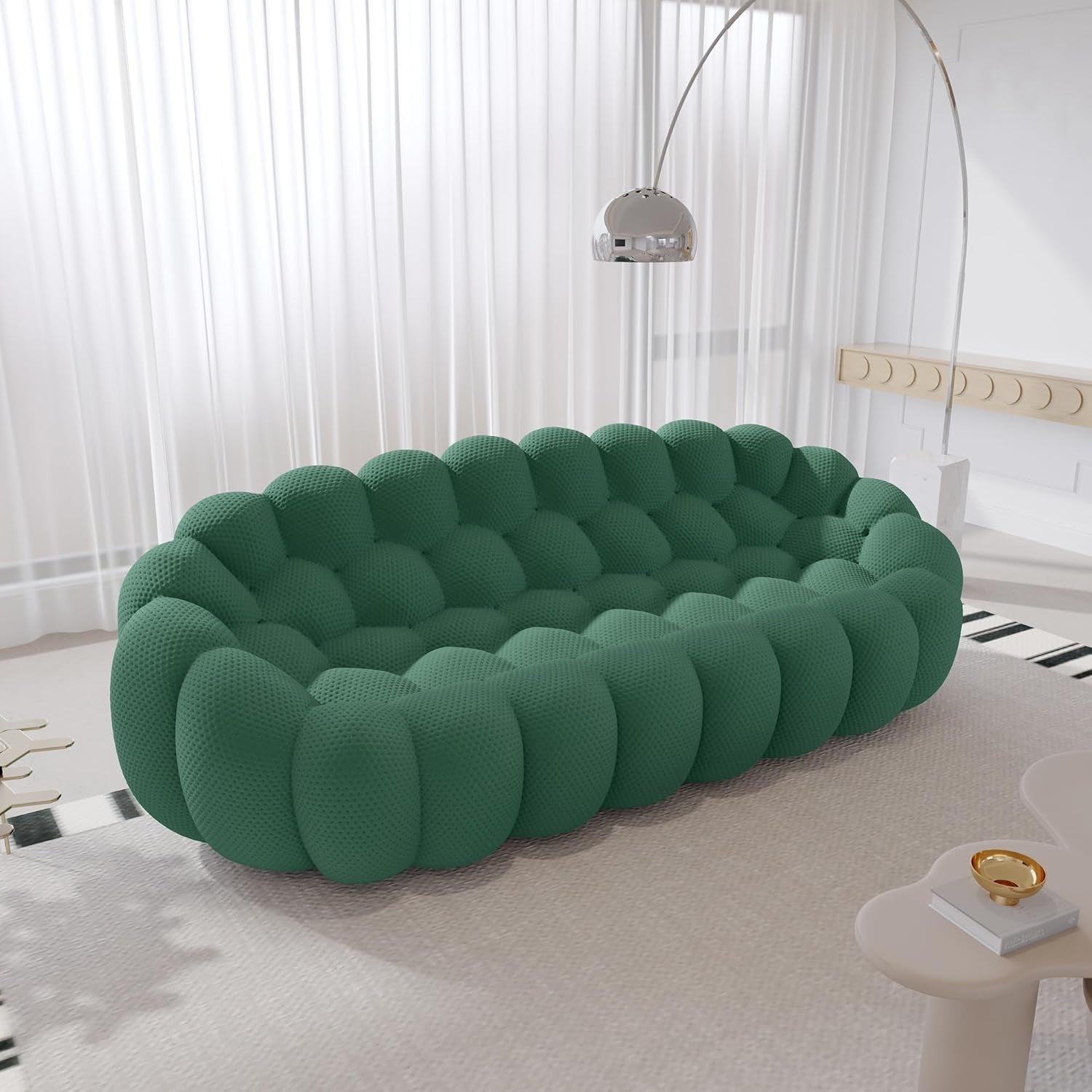 Bubble Couch, 98.43'' Modern 3-Seater Lazy Floor Couch, Memory Foam Bubble round Sofa 3D Honeycomb Shape Curved Sofas for Living Room, Office, Apartment (Green)