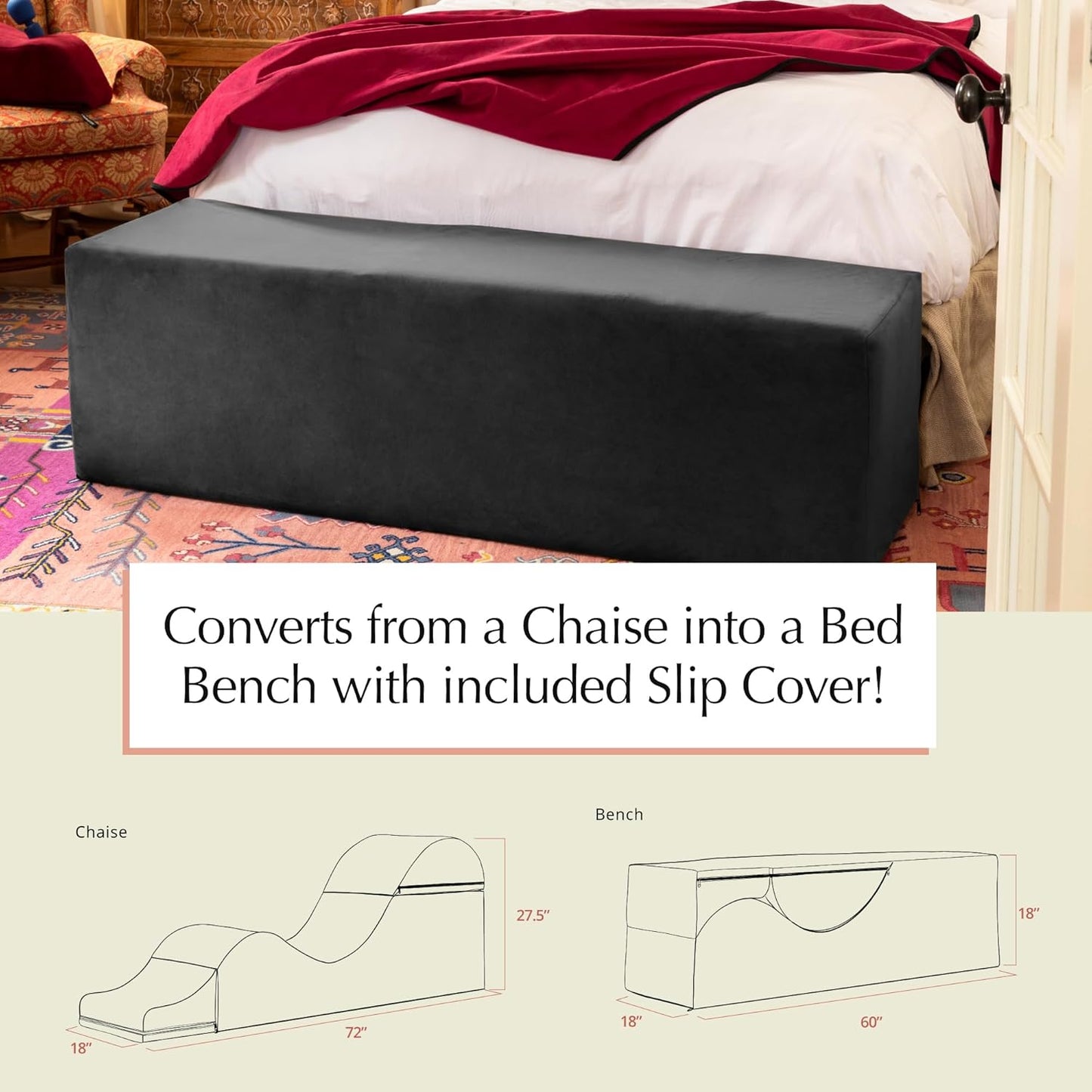 Kami Convertible Chaise/Bed Bench for Yoga & Massage - 2-In-1 End of Bed Ottoman with Concealed Fold Out Yoga Lounge Chair, 18" Wide, Microvelvet Bone Ivory