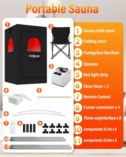 Portable Steam Sauna Tent for Home, Infrared Sauna with 3L Steamer, 9 Temp Levels & 99 Min Timer, 5-Layer Waterproof Insulated, Folding Chair Included, Indoor Spa (Light Black)