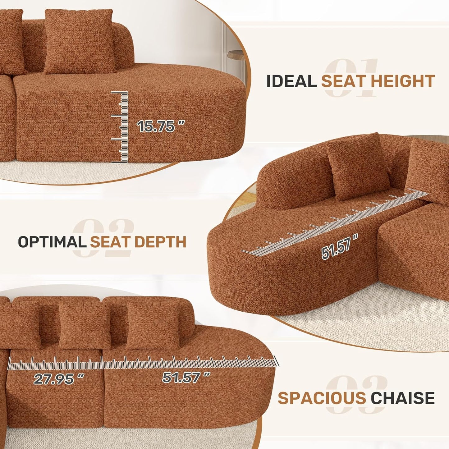 114 Inch Boneless Couches for Living Room,Modern Modular Sectional Sofa with Chaise,L-Shape Cloud Sectional Couch,No Assembly Required,Brown