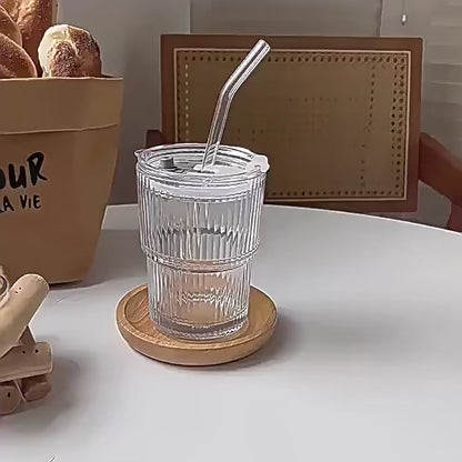 Ribbed Glass Cup with Lid & Straw – Iced Coffee · Tea · Juice · Milk